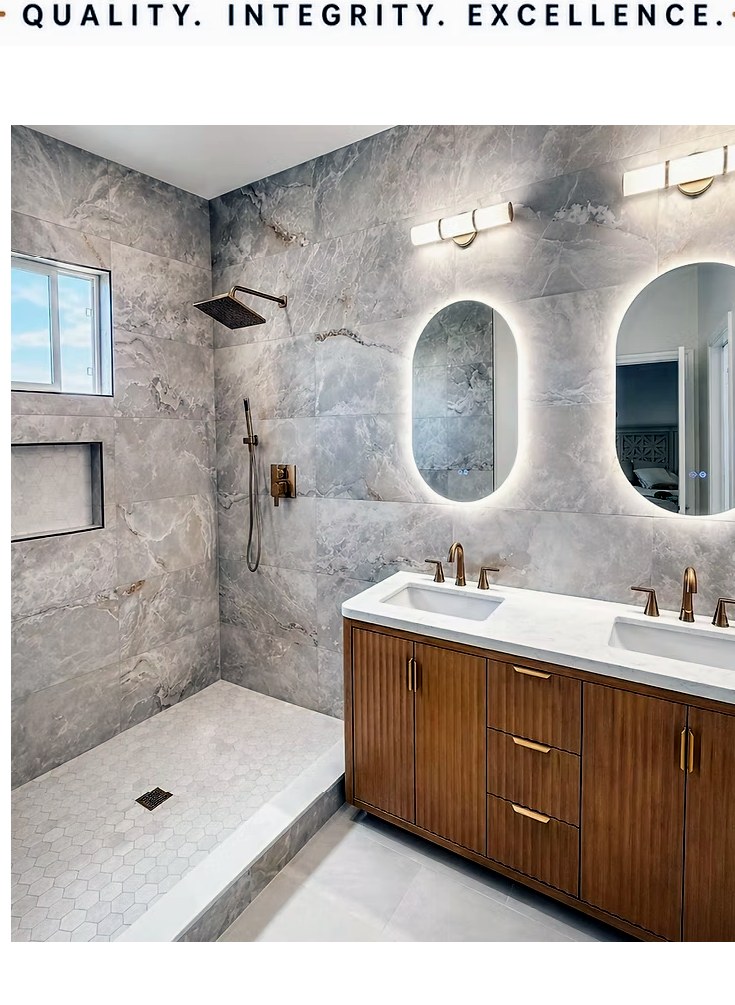 Modern bathroom remodel with walk-in shower and double vanity